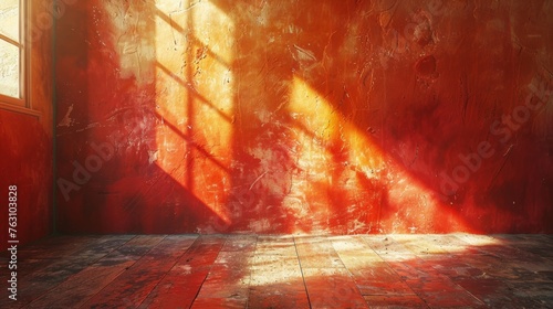Sunlit red textured wall with shadows and wooden floor interior