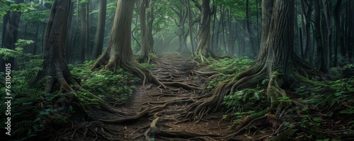 Mystical forest path with twisting tree roots photo