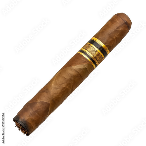 A cigar is shown in its wrapper, with a brown wrapper and a gold stripe