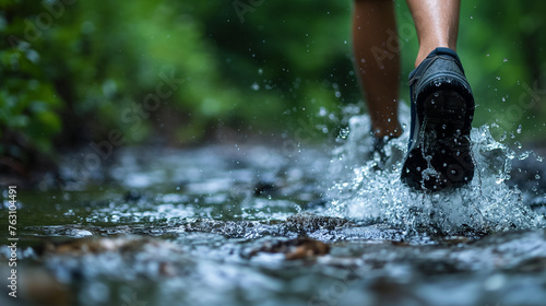 Shoe splashing in water on a forest trail.