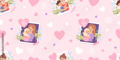 Seamless pattern with portrait happy mother with daughter and son with flowers on pink background with hearts. Vector illustration in flat cartoon style. Mothers holiday confession