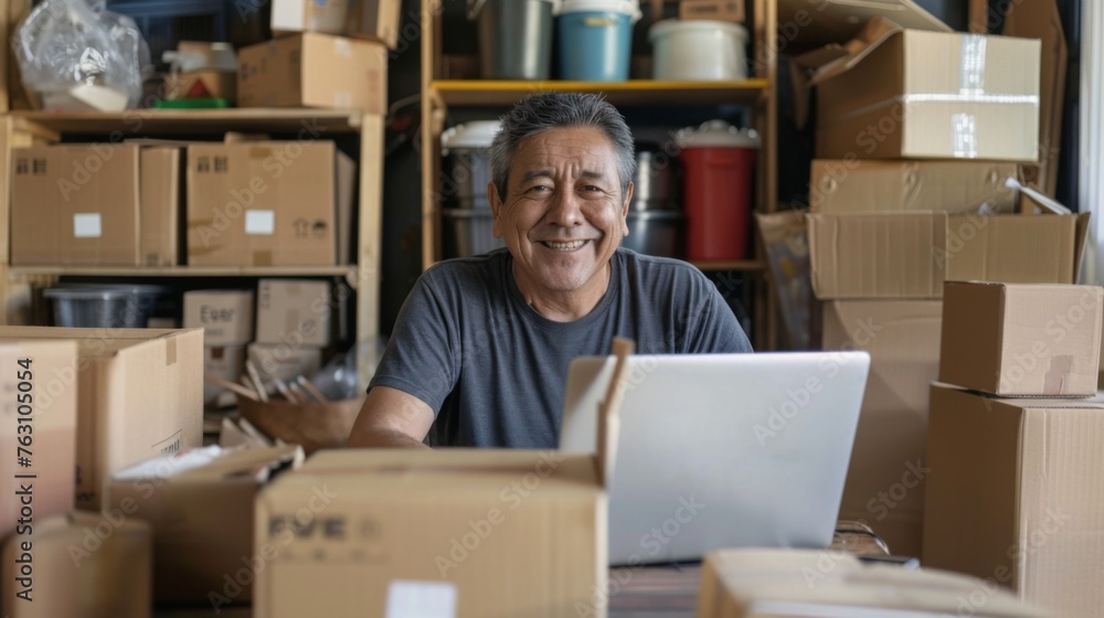Small business owner is working on a laptop in the warehouse Small business owner is working on a laptop in the warehouse