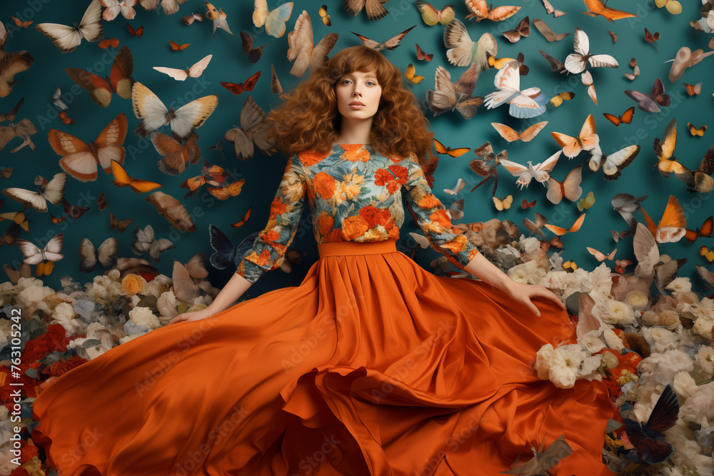 A Model in a floral dress surrounded by a flurry of butterflies in a surreal setting