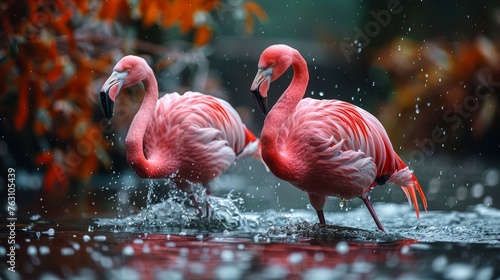 Flamingos in water with autumn leaves photo