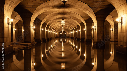 Arched flooded hallway with reflections.
