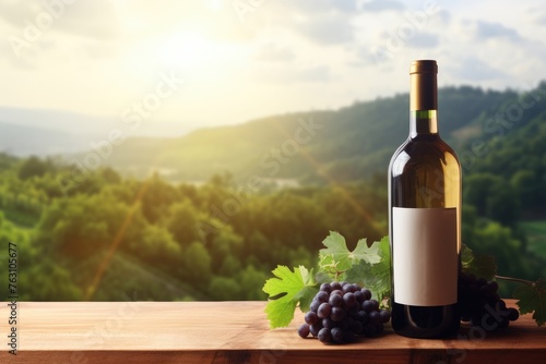 A bottle of wine resting on a rustic wooden table with a sunlit vineyard landscape in the background, evoking the authentic winery experience. Wine Bottle on Wooden Table Overlooking Vineyard