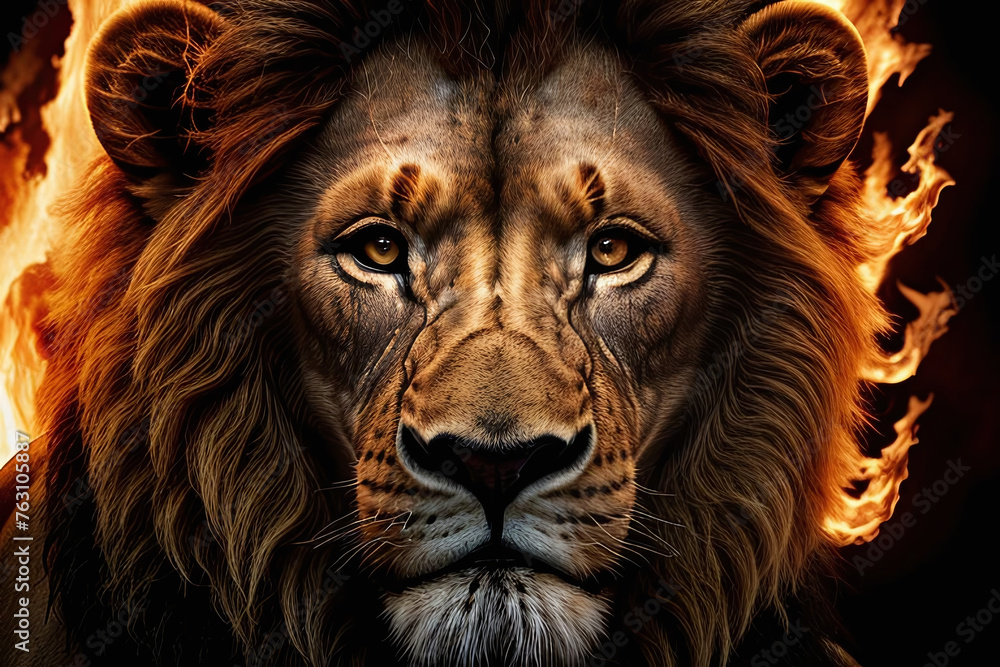 Portrait of a beautiful lion with fire flames in the background.