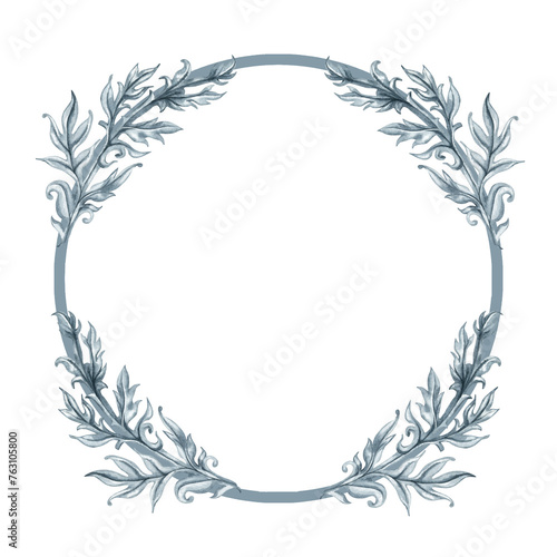 Watercolor monochrome gray round frame of abstract plant patterns and branches with leaves for borders  frames  background  textiles  fabrics  cards  stickers  scrapbooking  invitations  greetings