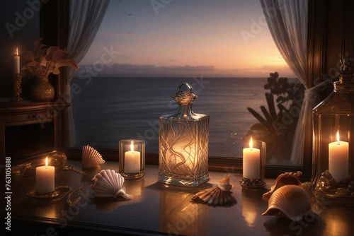 Still life with a bottle of perfume, seashells and candles on the window