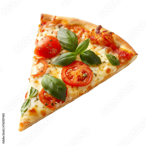 A slice of pizza with tomatoes and basil on it