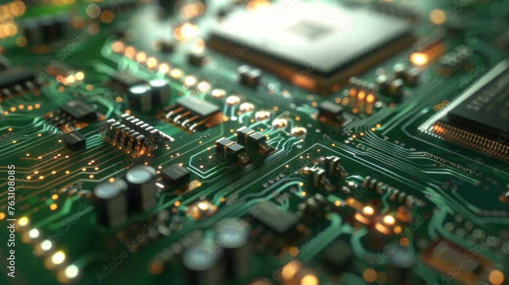 Close-up of a computer motherboard with glowing circuits Close-up of a computer motherboard with glowing circuits