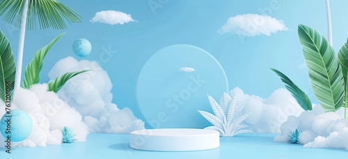 3D rendering of podium with palm trees under azure sky and fluffy cumulus clouds