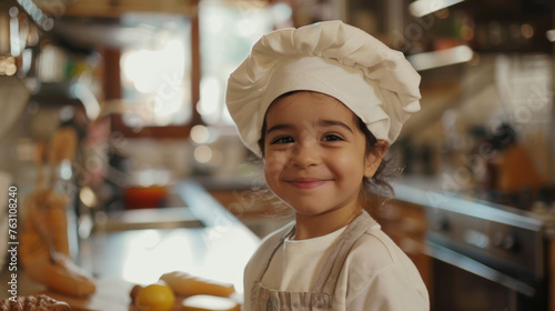 Kid with smile dressed as a chef in the kitchen