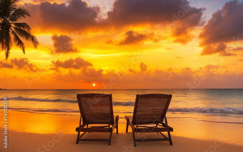 Two empty chairs on a tropical beach and dramatic sunset