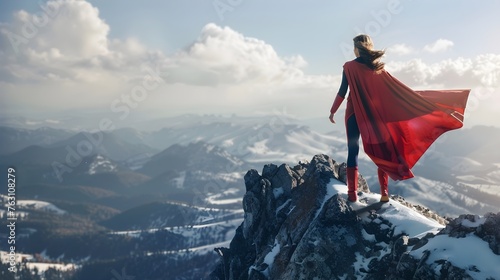 Female superhero on mountain top