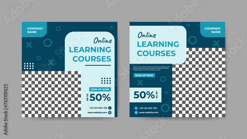 Collection of blue geometric digital study, online learning courses social media post templates. Square banner design background.