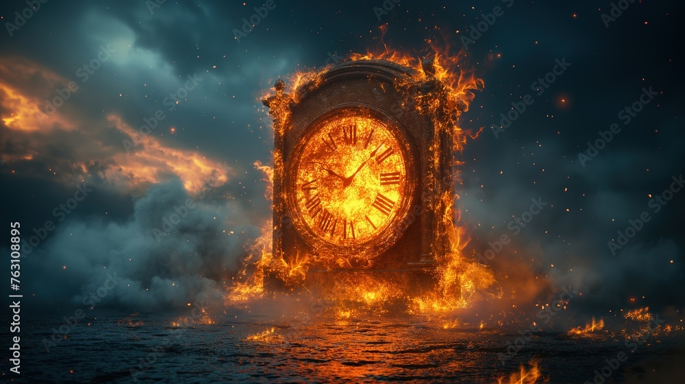 burning antique wood clock with stormy black cloud sky, world time run  out to apocalyptic crisis concept, environmental and religious theme, Generative Ai - obrazy, fototapety, plakaty 