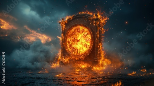 burning antique wood clock with stormy black cloud sky, world time run out to apocalyptic crisis concept, environmental and religious theme, Generative Ai