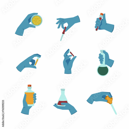 hands with test tubes. doctors medics hands in gloves holding different shaped glass test tubes with analysis, blood, equipment. vector cartoon items collection.