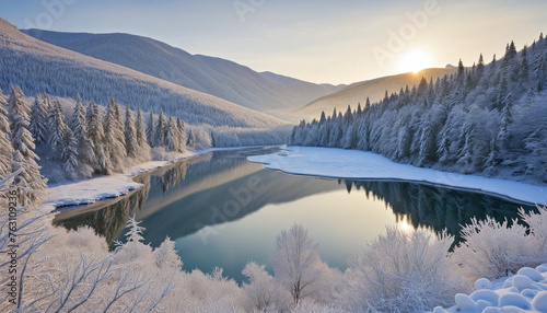 Snowy winter landscape of a snow-covered forest and river in the mountains at sunset