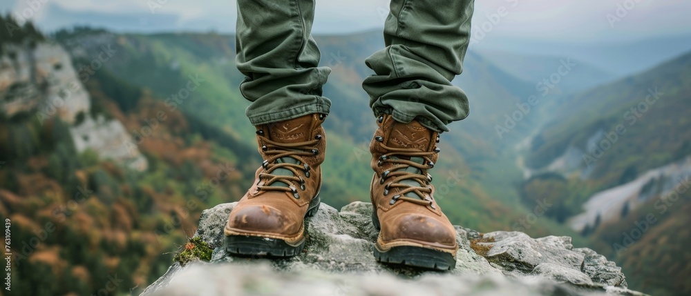 A closeup of the feet and boots on top mountain cliff rock, top down perspective. Hiking boots on a mountain path with wildflowers and sunlight, a closeup of hiking shoes walking in nature A closeup of the feet and boots on top mountain cliff rock, top down perspective. Hiking boots on a mountain path with wildflowers and sunlight, a closeup of hiking shoes walking in nature