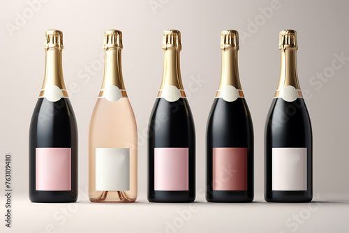 Rose wine bottle on table on light white background, side view, copy space. Mock up product alcoholic drink in sunlight. One bottle Rose wine template, minimal still life vertical photo, Generative Ai