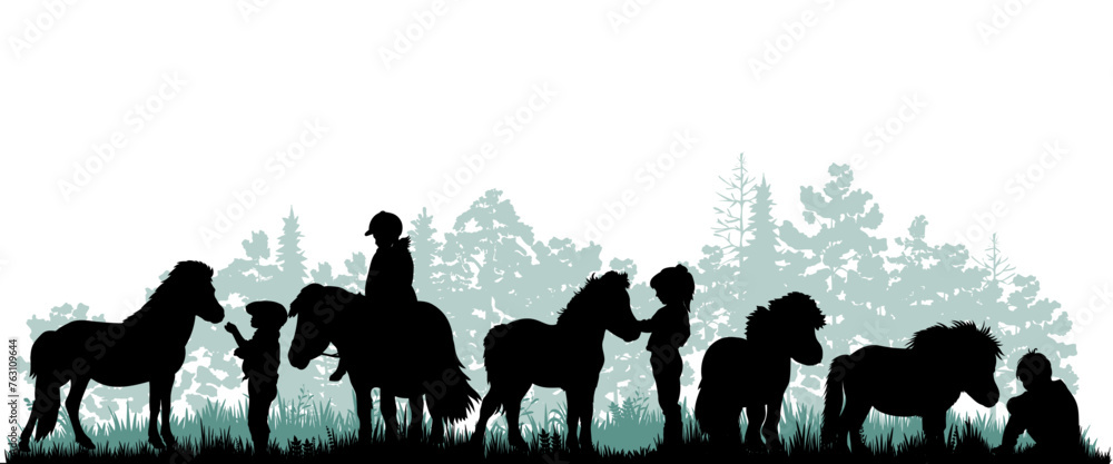 Children and pets silhouettes on white background. Little girls and boys play and feed ponies. Vector illustration.	
 - obrazy, fototapety, plakaty 