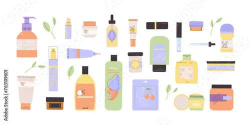 cartoon cosmetics packages set. collection with different shaped beauty cosmetics bottles jars and tubes, skin care body and hair makeup products. vector cartoon isolated objects.