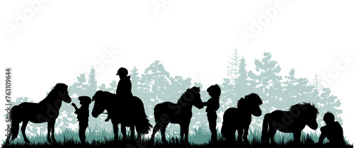 Children and pets silhouettes on white background. Little girls and boys play and feed ponies. Vector illustration.	
 photo