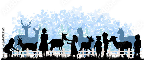 Children and pets silhouettes on white background. Little girls and boys play and feed animals. Vector illustration.	
