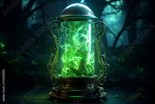 Magic cauldron, green background, moss, firefly, fog smoke bokeh close-up Generative Ai