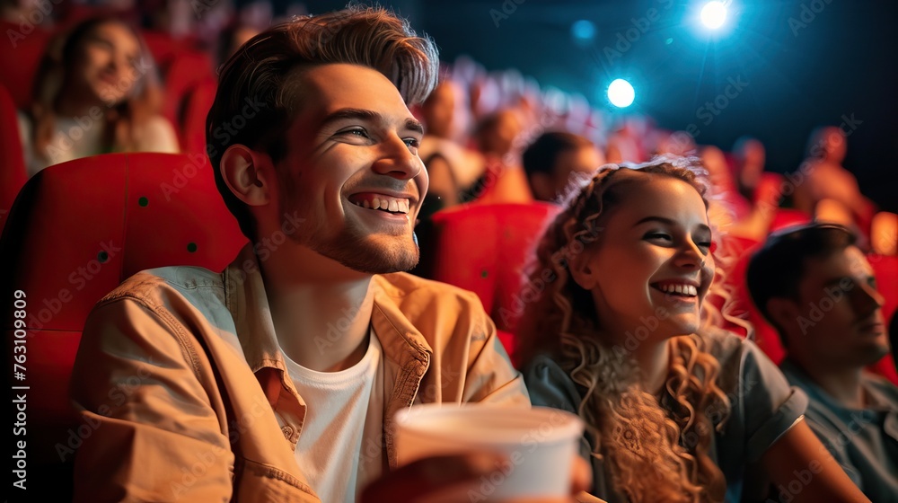 Happy young couple enjoying a movie in a theater, laughing together with audience in background.