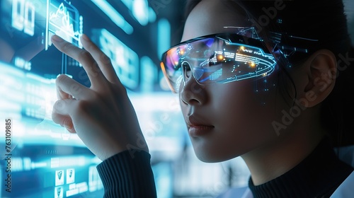 Close-up of a person wearing futuristic sunglasses with reflection, against a clear sky background.