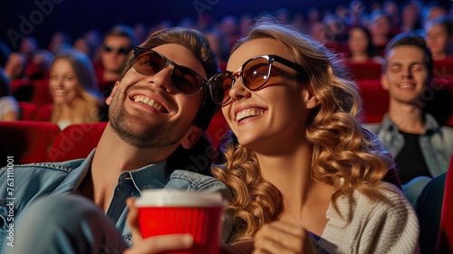 Couple enjoying a 3D movie at a cinema, wearing 3D glasses, with audience in the background.