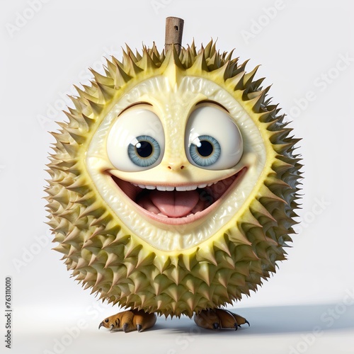 smiling Durian fruit with big eyes and a big smile. It has a brown stem and sharp thorns covering its yellow skin. photo