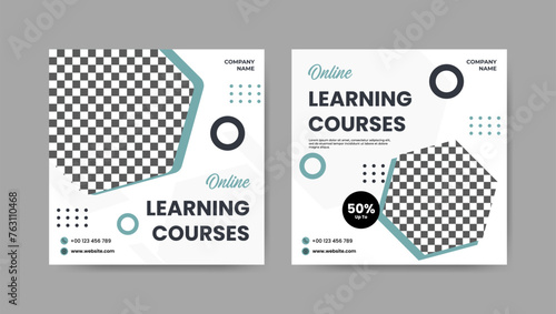 Collection of trendy geometric digital study, online learning courses social media post templates. Square banner design background.