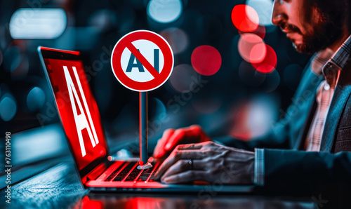 An image symbolizing the restriction or prohibition of artificial intelligence (AI) technology, represented by a red no entry sign overlaying the AI logo on a laptop used by a businessperson in a suit photo