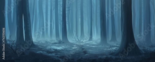 Mystical foggy forest at twilight photo