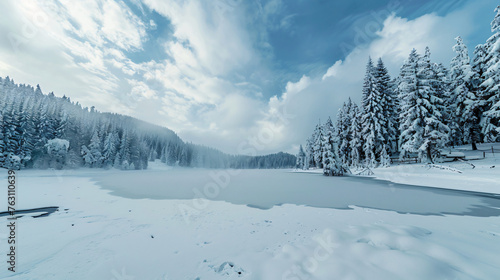Wide angle view of a snow covered frozen lake  © Cybonix