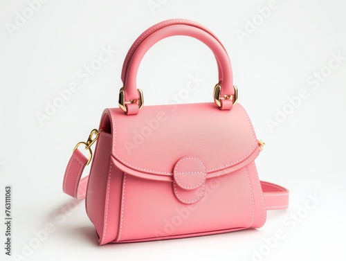 A pastel pink leather handbag with a detachable strap and golden hardware, showcasing fashion elegance.