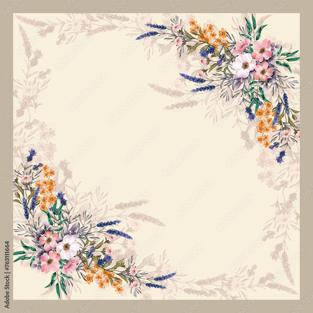 geometric motifs, striped border, floral scarf pattern design