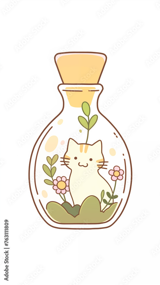 Hand drawn cartoon illustration of cat in glass bottle Hand drawn cartoon illustration of cat in glass bottle