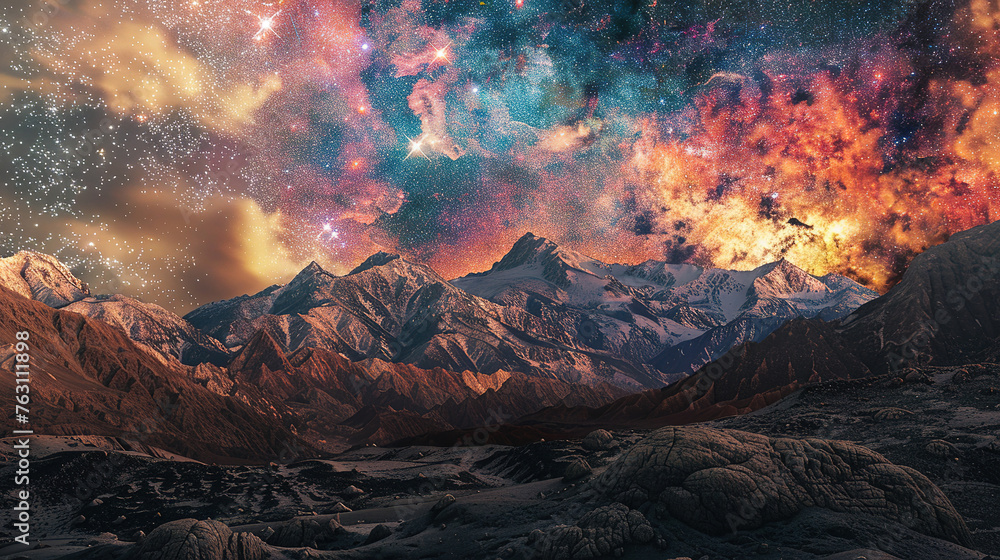 An expanse of rugged mountains under a magnificent starry sky bursting with colors