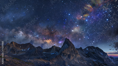 An expanse of rugged mountains under a magnificent starry sky bursting with colors © Uwe