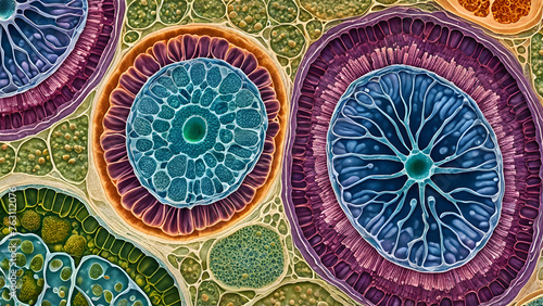 Colorful illustration of plant cells under a microscope, showcasing various organelles and textures. photo
