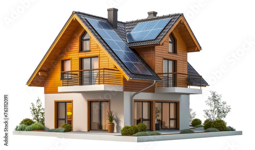 Modern house with solar panels on transparent background - stock png.