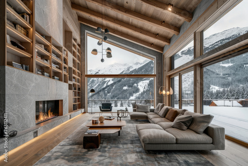 A living room with a modern interior design, featuring a large wooden floor and marble wall panels. A gray sofa sits in front of the fireplace, with bookshelves on one side © Kien