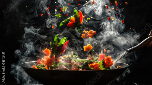 Steam rises as colorful vegetables leap from a hot pan, capturing a moment of lively cooking.