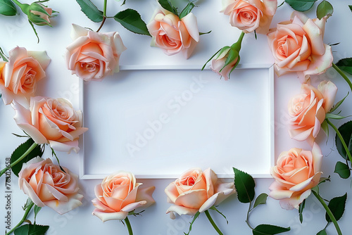 Top View Floral Invitation Card Mockup. Peach roses around blank card on white, suitable for romantic events.