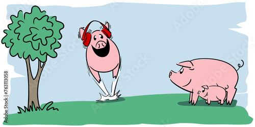 Very happy pigs and little pig in a large field with a tree on a clear summer day